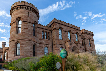 Red Sandstone Castle with Arched Windows in Inverness, Scotland, UK. © iSky Media
