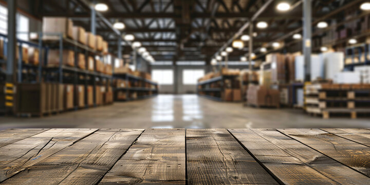 Industrial warehouse interior with empty wooden tabletop in foreground for product display, featuring blurred storage racks, pallet boxes, and supply chain logistics background in commercial distribut