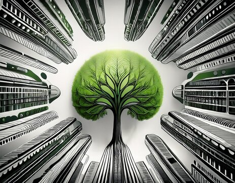 a monochrome city landscape around the tree in the center of composition with a vivid spring green breaking the pattern