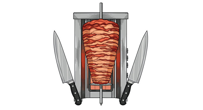 Traditional doner kebab spit with rotating roasted meat and two sharp chef knives on clean white background.