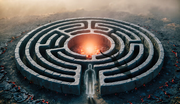Translucent pilgrim at the entrance of a stone labyrinth. Horned shadow cast on a circular maze with a glowing ember pit. Underworld concept