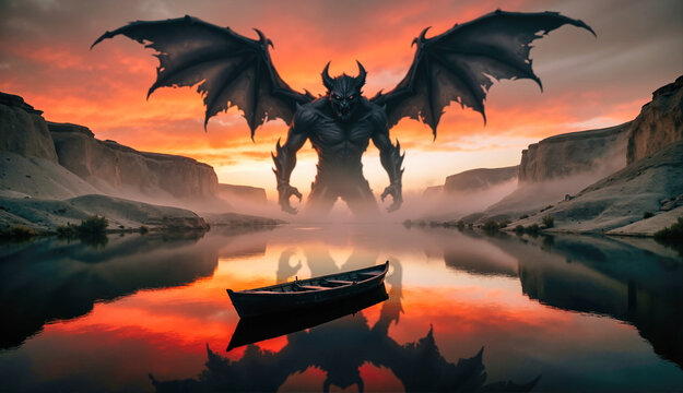Towering winged demon standing in a misty canyon at sunset. Empty wooden boat floating on reflective dark water. Underworld concept