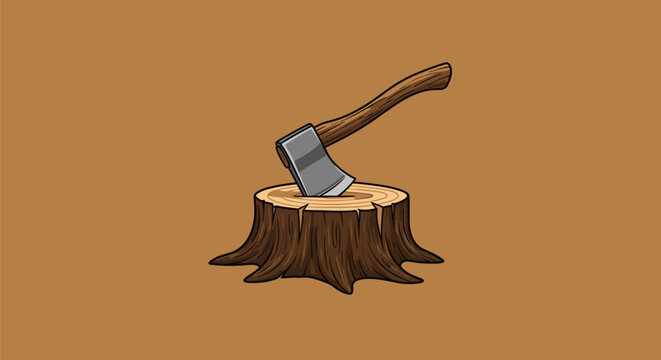 Classic metal woodcutter axe stuck in a weathered wooden tree stump on a warm brown background in retro cartoon style.