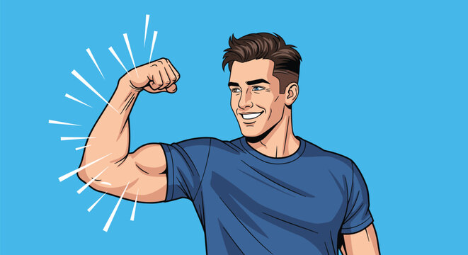Smiling athletic young man in a blue t-shirt flexing his strong bicep muscles on a vibrant blue pop art background.