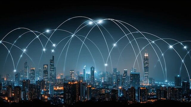 Smart digital city with connection cyber security network reciprocity over the twilight cityscape.future wireless digital city and social media networking systems that connects people within the city	