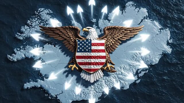 American bald eagle with flag shield over map radiating global arrows