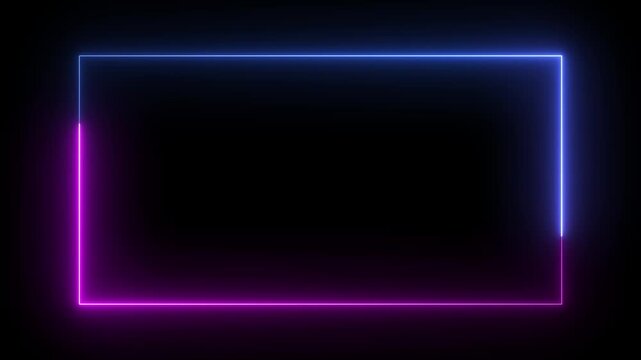 Neon glowing rectangular frame with moving pink and blue light border, abstract cyberpunk overlay rectangle