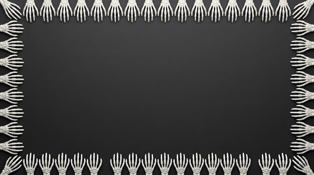 Halloween skeleton hand border frame on black background for spooky holiday design