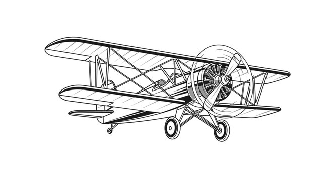 Vintage biplane aircraft with spinning propeller, detailed line art vector illustration isolated on white background.