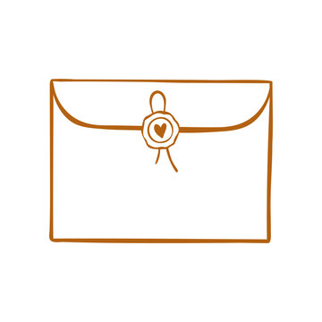 Line art vector illustration of an envelope with wax seal. Hand-drawn clip art for postal sticker, mail card, or stationery projects. Postcrossing design element.