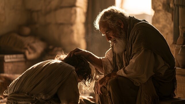 An elderly man with a white beard blessing a young man in a rustic, dimly lit room