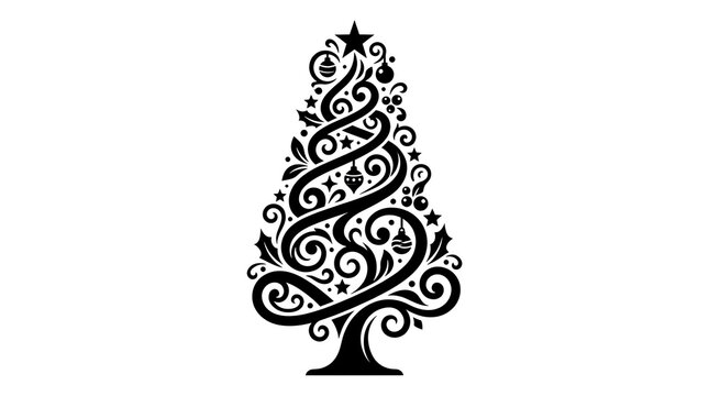 Elegant christmas tree swirl silhouette on a white background decorative holiday design