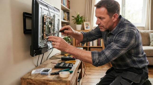 Man repairing a television at home