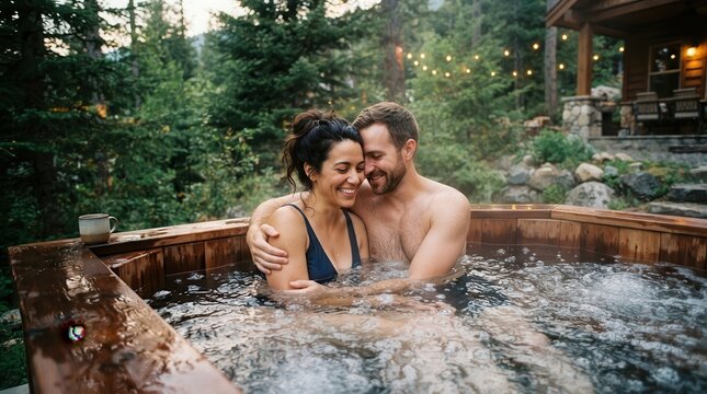 Happy couple relaxing in an outdoor wooden hot tub in forest