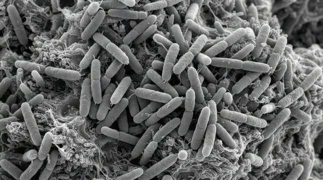 Scanning electron micrograph of rod-shaped bacteria