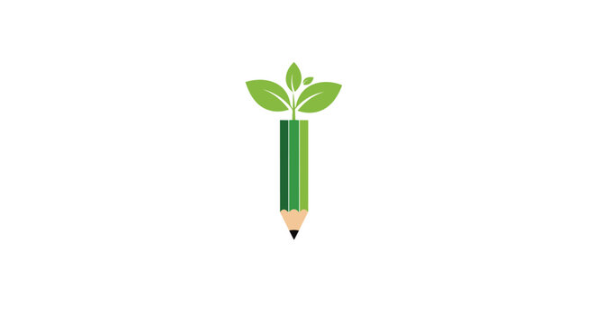 Minimalist environmental logo showing a green pencil transforming into a growing plant sprout with leaves.