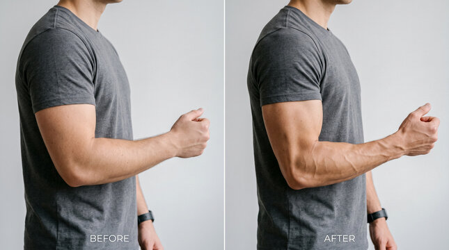 Before and after profile view of man arm showing muscle gain, bicep tone, and vascularity definition.