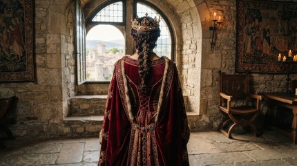 Obraz premium Queen in medieval castle looking out the window