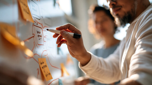 Bright office wall scene of a supplier onboarding whiteboard mapping a vendor approval flow with boxes connecting lines and coloured sticky notes a hand with a marker at the frame edge