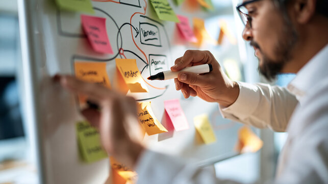 Bright office wall scene of a supplier onboarding whiteboard mapping a vendor approval flow with boxes connecting lines and coloured sticky notes a hand with a marker at the frame edge