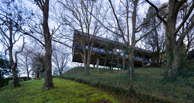 Elevated metallic cantilevered modern house among bare trees