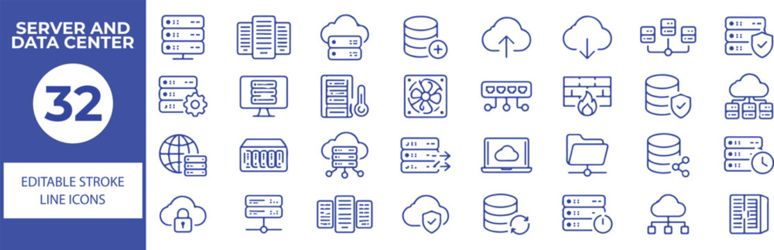 32 Server and Data Center Vector Outline Icons Set,Cloud Computing, Database, Network, Storage, Security and Server Management Line Symbols Collection