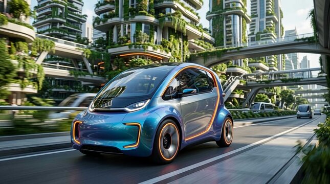 Futuristic Electric Micro car Driving on Modern Eco-City Street