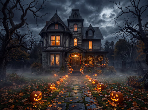 Creepy mansion surrounded by glowing pumpkins and misty forest
