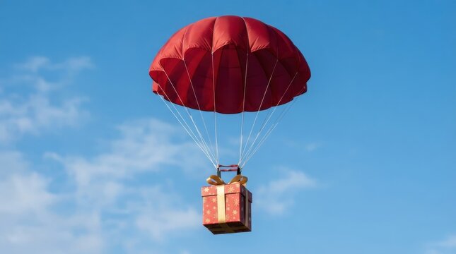 Gift box descending with a red parachute in the blue sky