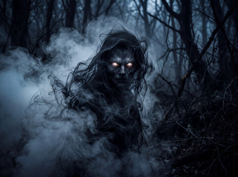 Creepy ghost in forest with glowing eyes and swirling smoke
