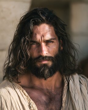 Portrait of a rugged man with long hair and beard in ancient attire