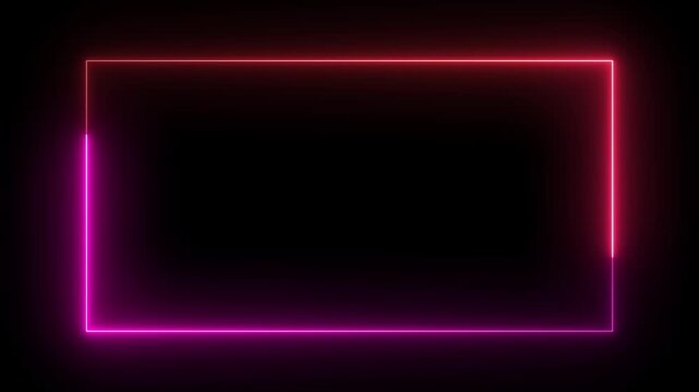 Neon glowing rectangular frame with pink and red light border animation on black background rectangle