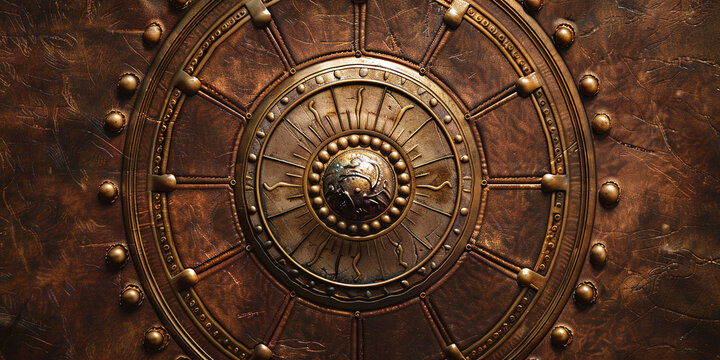 A detailed closeup shot of an intricate antique circular brass dial mounted on a dark textured wooden surface with metallic rivets create a mysterious vintage astrological clock aesthetic background
