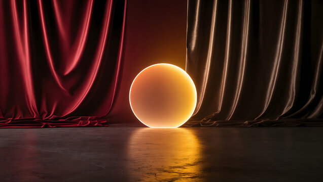 Abstract luxury studio background with glowing neon circle sun lamp on textured floor between elegant red and dark satin curtains