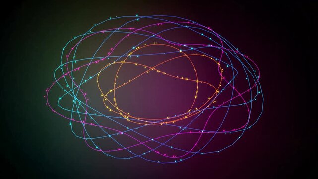 Abstract colorful light trails loop rotating in chaotic orbits on dark background graphic