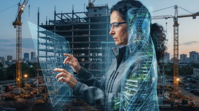 Female architect using digital holographic interface at construction site