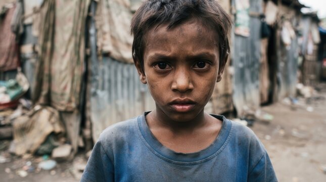 Sad impoverished boy standing in a slum