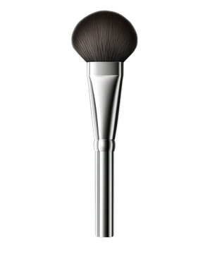Elegant professional makeup brush featuring soft black synthetic bristles and a sleek metallic silver handle isolated on transparent background