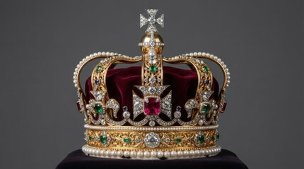 Fototapeta premium Imperial crown with gold, diamonds, emeralds, and red velvet lining