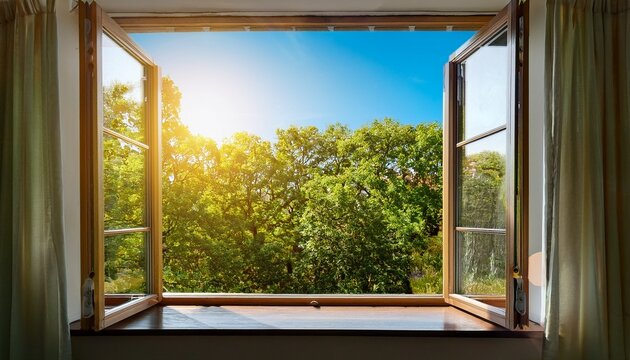 sunlight pours in through an open window showing lush green trees on a bright day