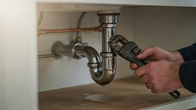 Plumber using pipe wrench to tighten sink drainpipe under cabinet