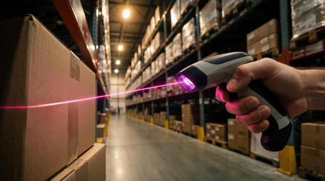 Hand uses barcode scanner on cardboard box in warehouse aisle with high shelves. Laser beam reads item code for inventory and logistics management.
