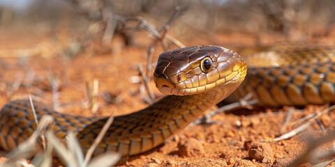 Obraz premium Close up photo of Psammophis lineolatus, lined sandsnake, showcasing its detailed scales and head in a natural desert habitat setting with sandy ground and dry branches under bright daylight condition