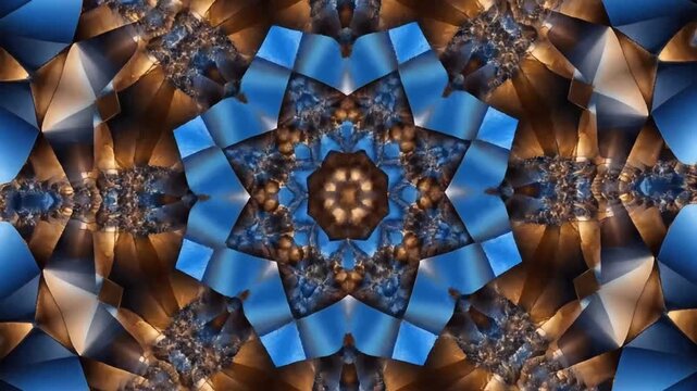 Symmetrical abstract fractal pattern in vibrant blue and shimmering gold.