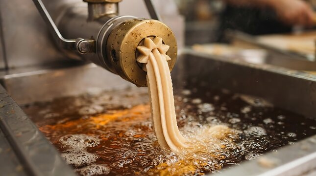 Golden churros being expertly extruded from a professional dessert machine directly into bubbling hot oil, capturing the delicious moment of traditional sweet snack preparation in a bustling kitchen