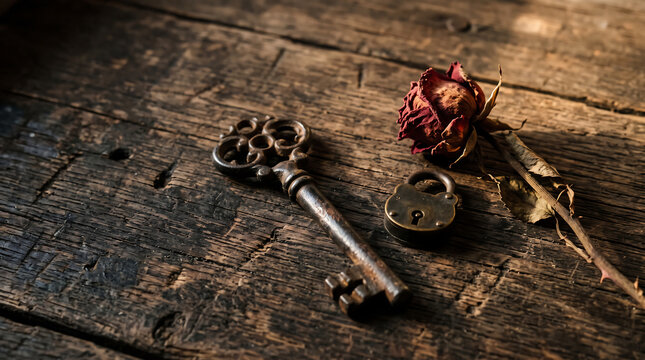 Vintage skeleton key with dried dark roses on rustic wooden surface