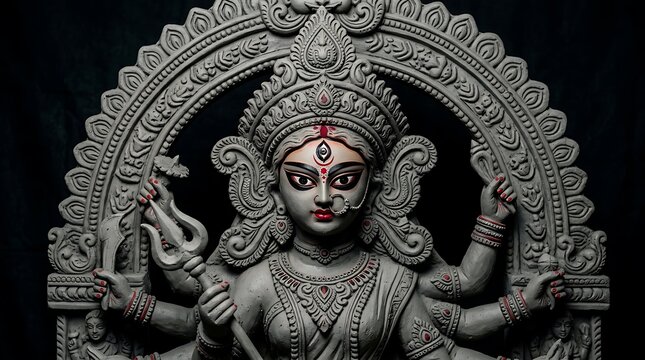 Clay idol of hindu goddess durga with traditional crown and weapons