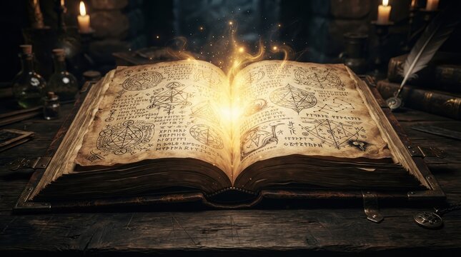 Ancient spellbook glowing with magical light on a wooden table