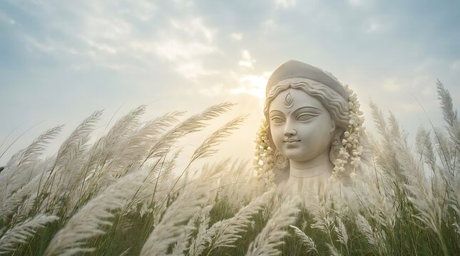 Stone sculpture of goddess durga set in a field of blooming kash flowers