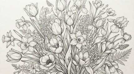 Obraz premium Black and white hand drawn floral bouquet sketch